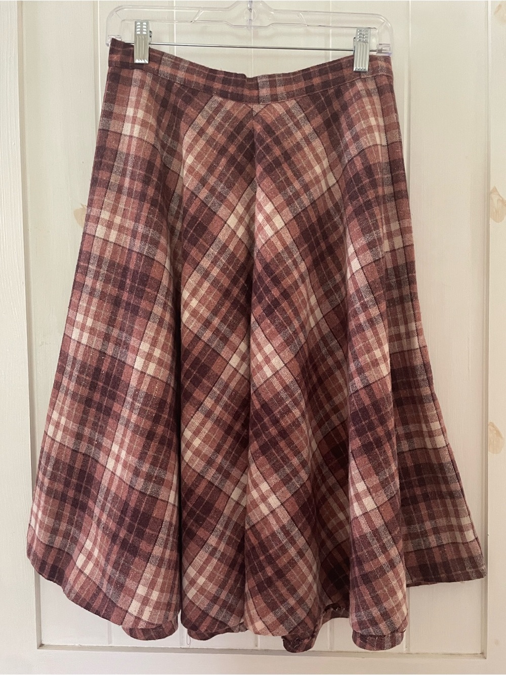 Vintage Plaid A-Line Midi Skirt in Mauve Pink Wool Blend size 13-14 A line